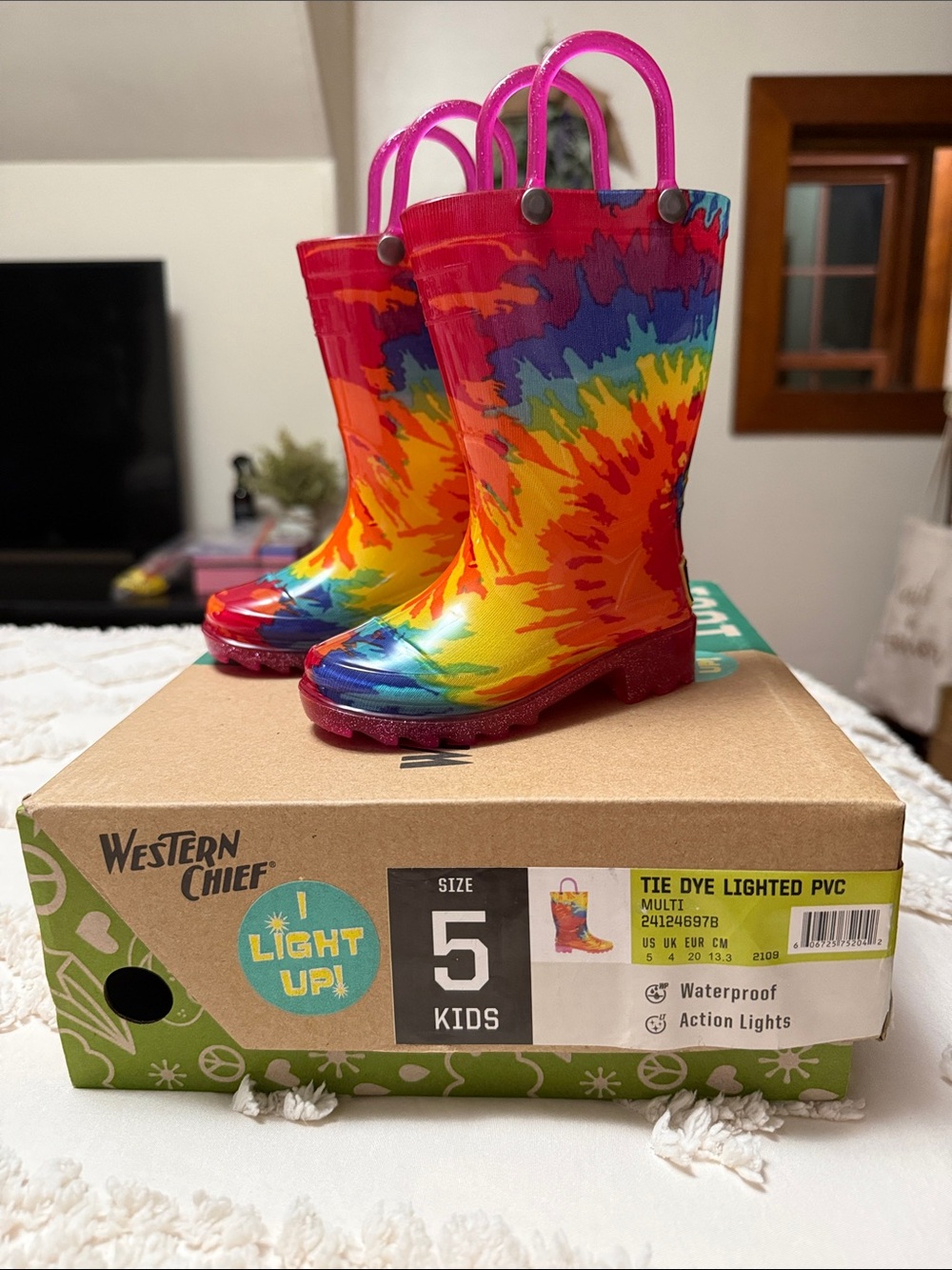Western Chief Kids' Tie-Dye Lighted Rain Boots - Bright Multicolor (Size 5)